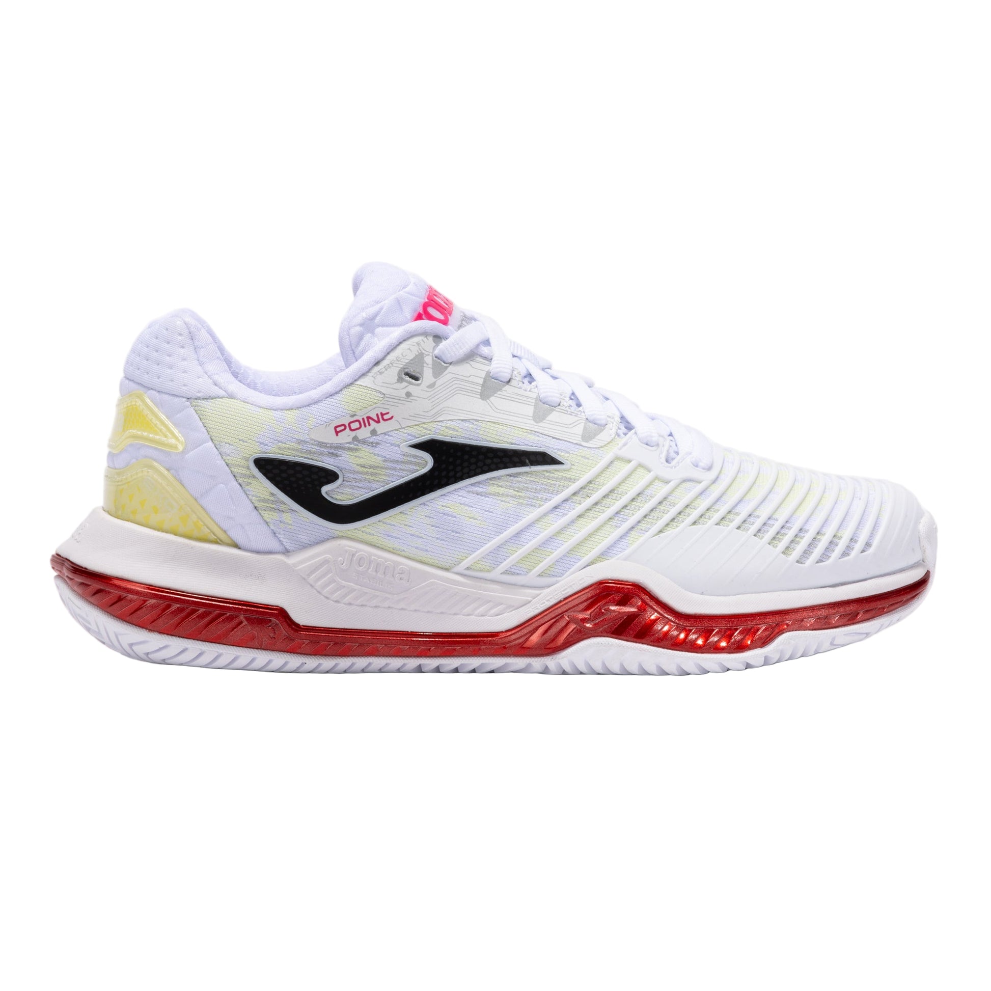 White sports shoe by Joma for ladies padel and clay court tennis with red sole on a white background